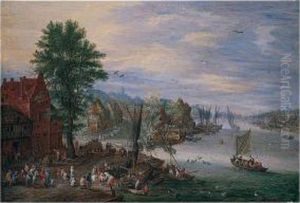 A Village Scene With Boats And Fishermen By A River A Village Scene With Boats And Fishermen By A River