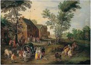 A Village Scene With A Wagon And Elegant Figures Halted Near An Inn