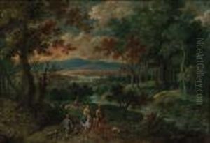 A Wooded Mountainous Landscape With Travellers On Horseback Withhunting Dogs by Pieter Gysels