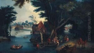 A Wooded River Landscape With Figures Boating By A Village A Wooded River Landscape With Figures Boating By A Village