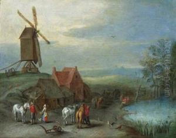 A Landscape With A Windmill And Peasants And Horses By A Pool - view 1