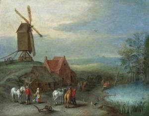A Landscape With A Windmill And Peasants And Horses By A Pool