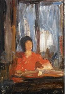Seated Woman With A Red Dress Next To A Window