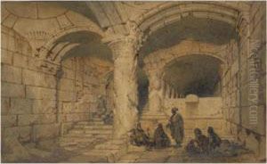 Arab Figures In A Vault Within The Al-aqsa Mosque, Jerusalem by Carl Haag