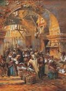 "the Fish Market, Rome", A Busy Street Under An Archway With Monks Buying Fish by Carl Haag