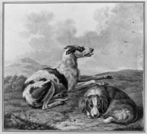 Two Dogs Resting In A Hilly Landscape by Tethart Philip Christiaan Haag