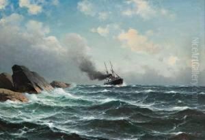 Dampbat Ved Kysten by Lars Laurits Larsen Haaland