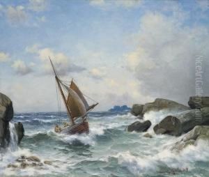 Sailing Boat In A Narrow Strait by Lars Laurits Larsen Haaland