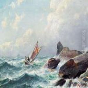 A Seascape Off A Rockycoast by Lars Laurits Larsen Haaland
