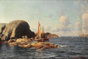 Seilbater Med Fiskere I Kystlandskap 1894 by Lars Laurits Larsen Haaland