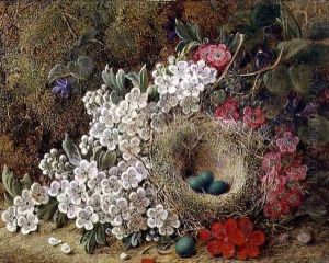 A bird's nest and blossom on a mossy bank by George Clare