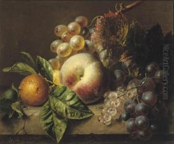 A Peach, Medlar, Grapes And White Currants On A Ledge - view 1