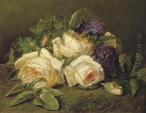 White Roses And Chinese Asters On A Forest Floor by Adriana-Johanna Haanen