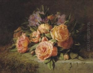 Pink Roses And Rhododendrons On A Marble Ledge