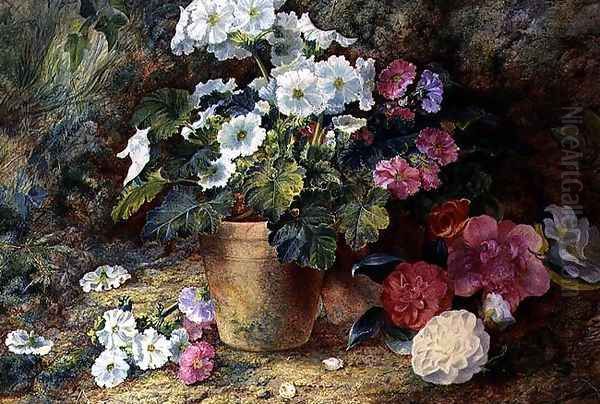 A Still Life of Pelargoniums in a Pot with Camellias - view 1