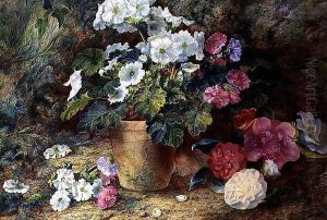 A Still Life of Pelargoniums in a Pot with Camellias by George Clare
