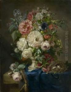 Stillleben Mit Blumenbouquet Und Vogelnest by Adriana-Johanna Haanen