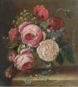 Roses In A Glass Vase On A Ledge by Adriana-Johanna Haanen
