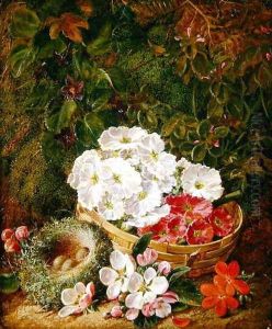 Still Life of Apple Blossom and Violets With Primulas in Wicker Basket by George Clare