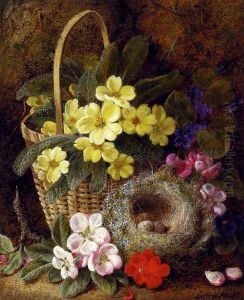 Still Life with Primroses, Violas, cherry Blossom and Geraniums and a Thrush's Nest by George Clare