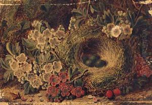 Apple Blossom And Eggs In A Bird'S Nest On A Mossy Bank by George Clare