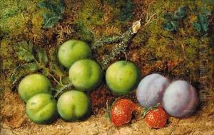 Plums and strawberries on mossy bank