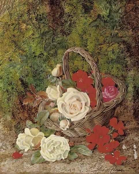 Roses and geraniums in a wicker basket before a mossy bank - view 1
