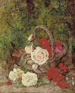 Roses and geraniums in a wicker basket before a mossy bank