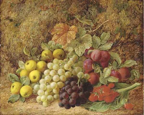 Apples, grapes, plums and strawberries on a mossy bank - view 1