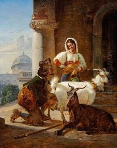 Italian Scenery With A Young Couple And Goats by Nikolai Habbe