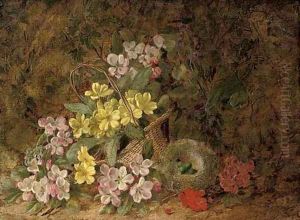 Hawthorn blossom, primroses and a bird's nest on a mossy bank