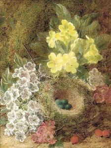 May blossom, primulas, berries, and a bird's nest with eggs, on a mossy bank