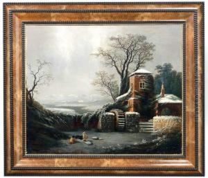 Winterlandschaft Mit Zugefrorener Muhle Und Zwei Kindern An Einem Wasserloch.