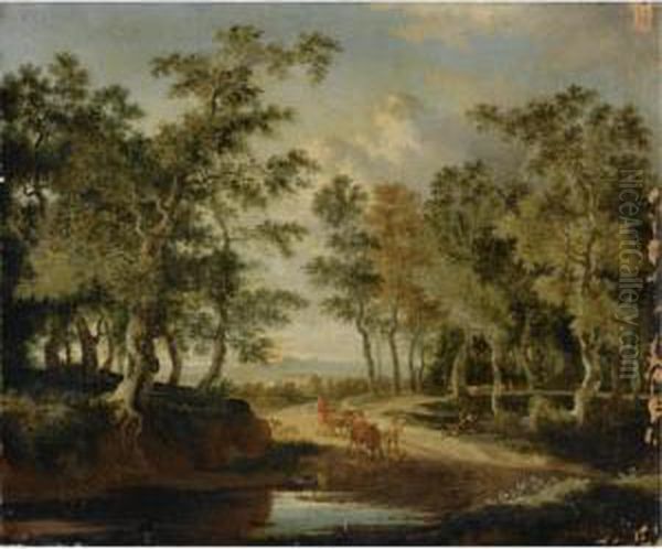 A Wooded Landscape With A Shepherd And His Herd On A Path, Near Apuddle - view 1
