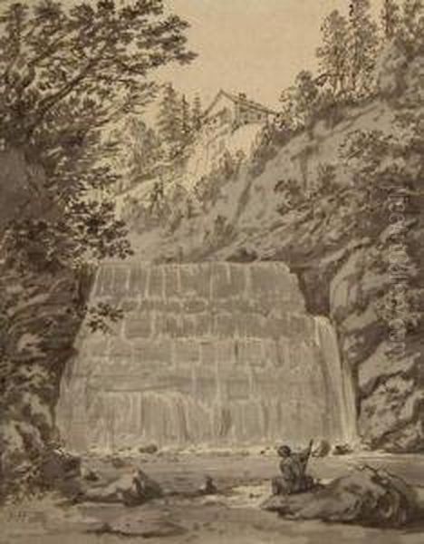 Wasserfall In Der Schweiz Mit Rastendem Wanderer. - view 1