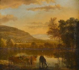 A River Landscape With Cattle Watering In The Foreground