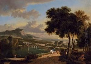 An Extensive Landscape With 
Travellers, Fishermen And Cattle Drovers On A Path, A Roman Bridge 
Beyond