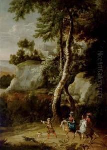 A Hunting Party In A Wooded Landscape, A Fort On A Clifftop Beyond