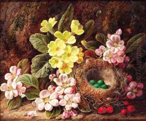 Primroses, apple blossom, and a bird's nest, on a mossy bank by George Clare