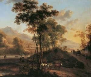 Landschaft Mit Bauern, Vieh Und Pferdefuhrwerken.