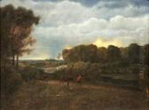Romantische Landschaft Mit Viehhirten Der Seine Herde Zum Gehoft Treibt
