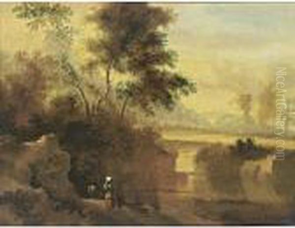 A Southern Wooded Landscape With Peasants On A Path Near A Pond - view 1