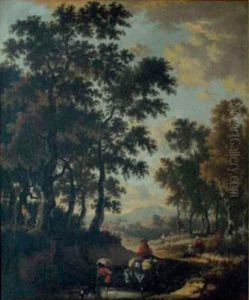 Travellers In A Wooded Landscape by Jan Hackaert