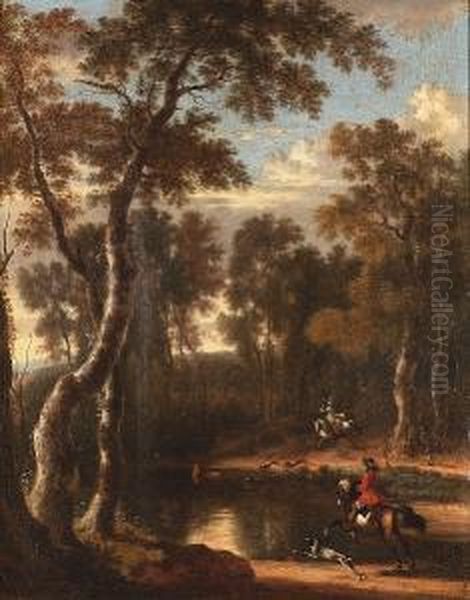 A Wooded Landscape With A
Sportsman And His Dog On The Bank Of A River With A Horseman Beyond, A
Traveller On A Path In The Distance; And A Stag Hunt With Three
Sportsmen On Horseback In A Wooded River Landscape - view 1