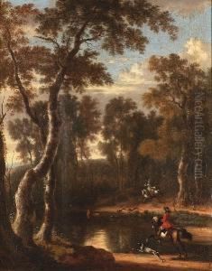 A Wooded Landscape With A 
Sportsman And His Dog On The Bank Of A River With A Horseman Beyond, A 
Traveller On A Path In The Distance; And A Stag Hunt With Three 
Sportsmen On Horseback In A Wooded River Landscape
