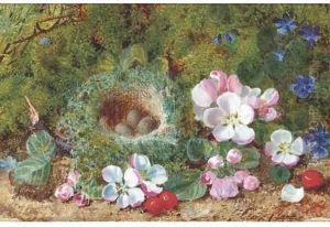 Apple blossom, berries and a bird's nest with eggs on a mossy bank by George Clare