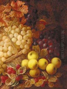 Apples, grapes, raspberries, and a wicker basket, on a mossy bank