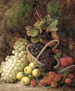 Strawberries, apples, plums, and grapes in a wicker basket, on a mossy bank by George Clare