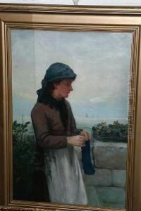 Portrait Of A Girl Sewing By A Sea Wall