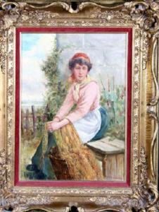 A Fishergirl Mending A Net by David W. Haddon
